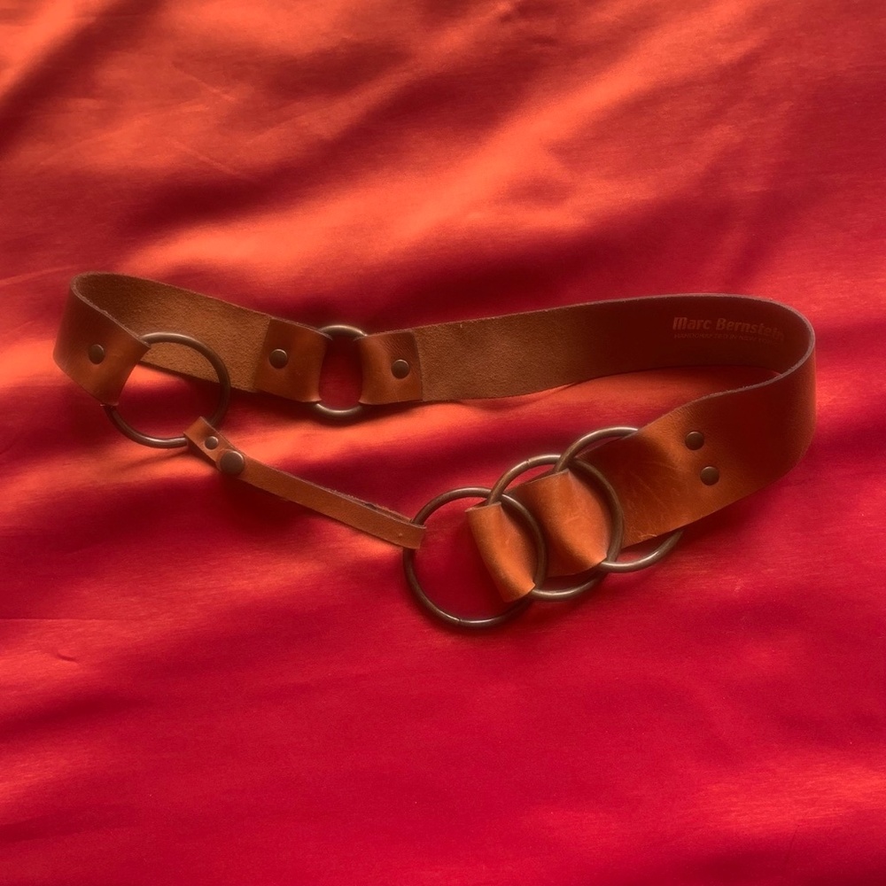 Marc Bernstein handmade brass snap button, brown leather belt M/L